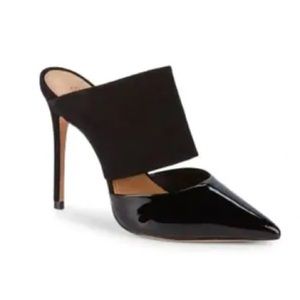 SCHUTZ QUEREDA PATENT LEATHER & SUEDE STILETTO MULES IN BLACK